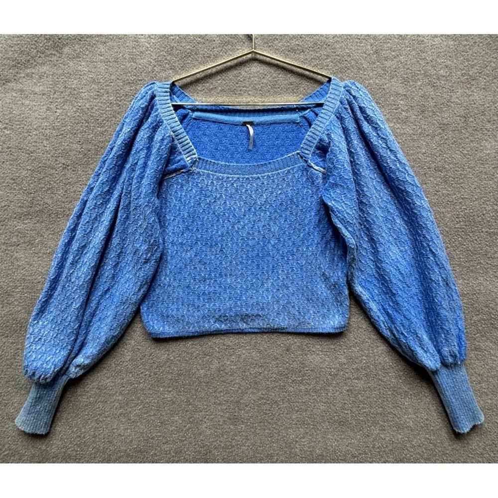 Free People Olivia Sweater Medium Blue Crop Balloon Sleeve Square Neck Oversized